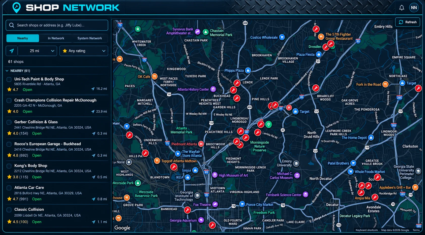 PitWorX Shop Network map listing nearby repair shops with ratings, distance, and open status