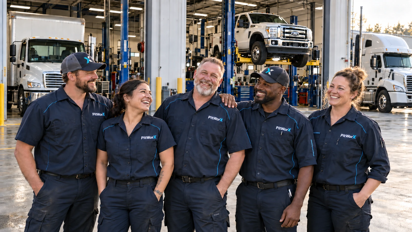 A smiling PitWorX shop team standing together in front of open truck bays